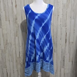 Rafaella Weekend Blue White Tye Dye Tank Dress Swim Suit Cover Up Lace Hem Large